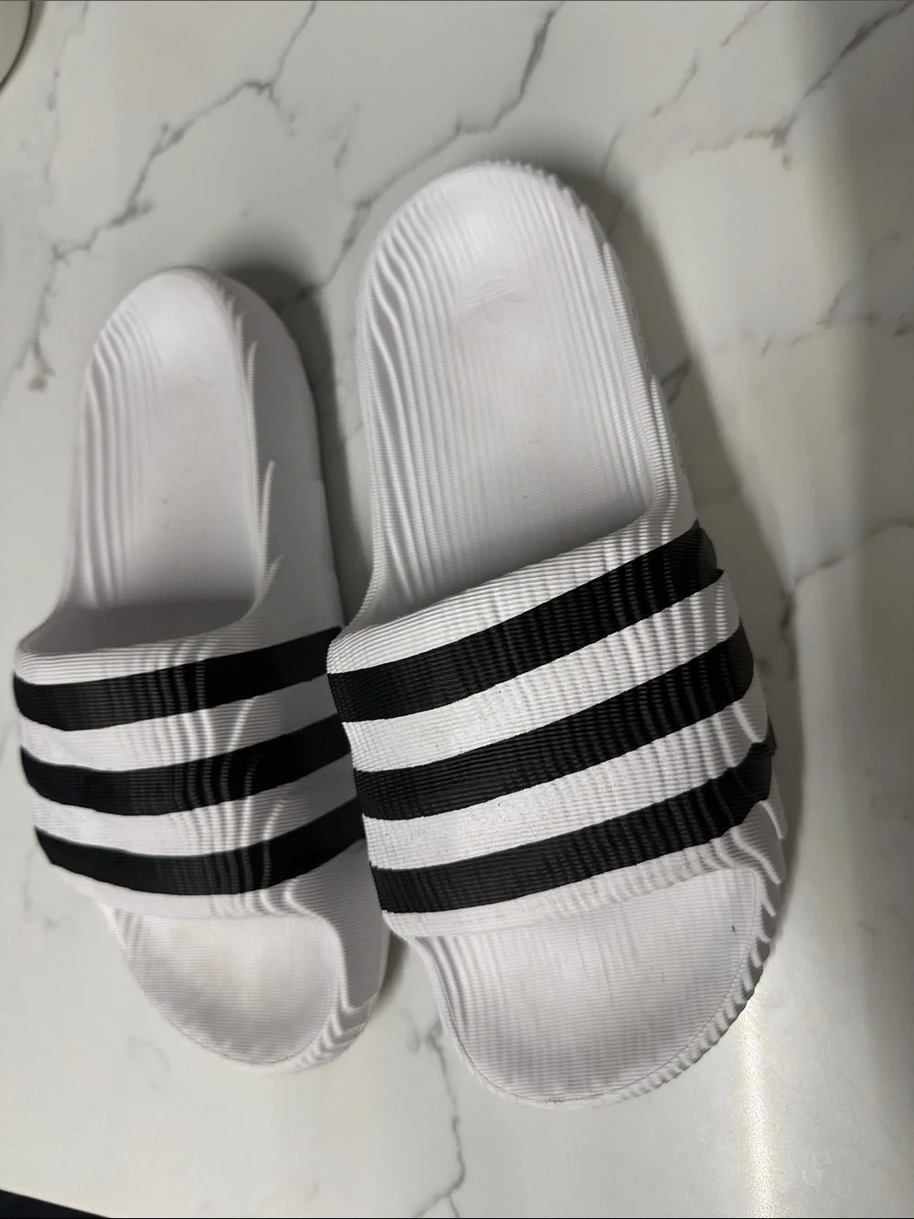 adidas White & Black Striped Slide Sandals